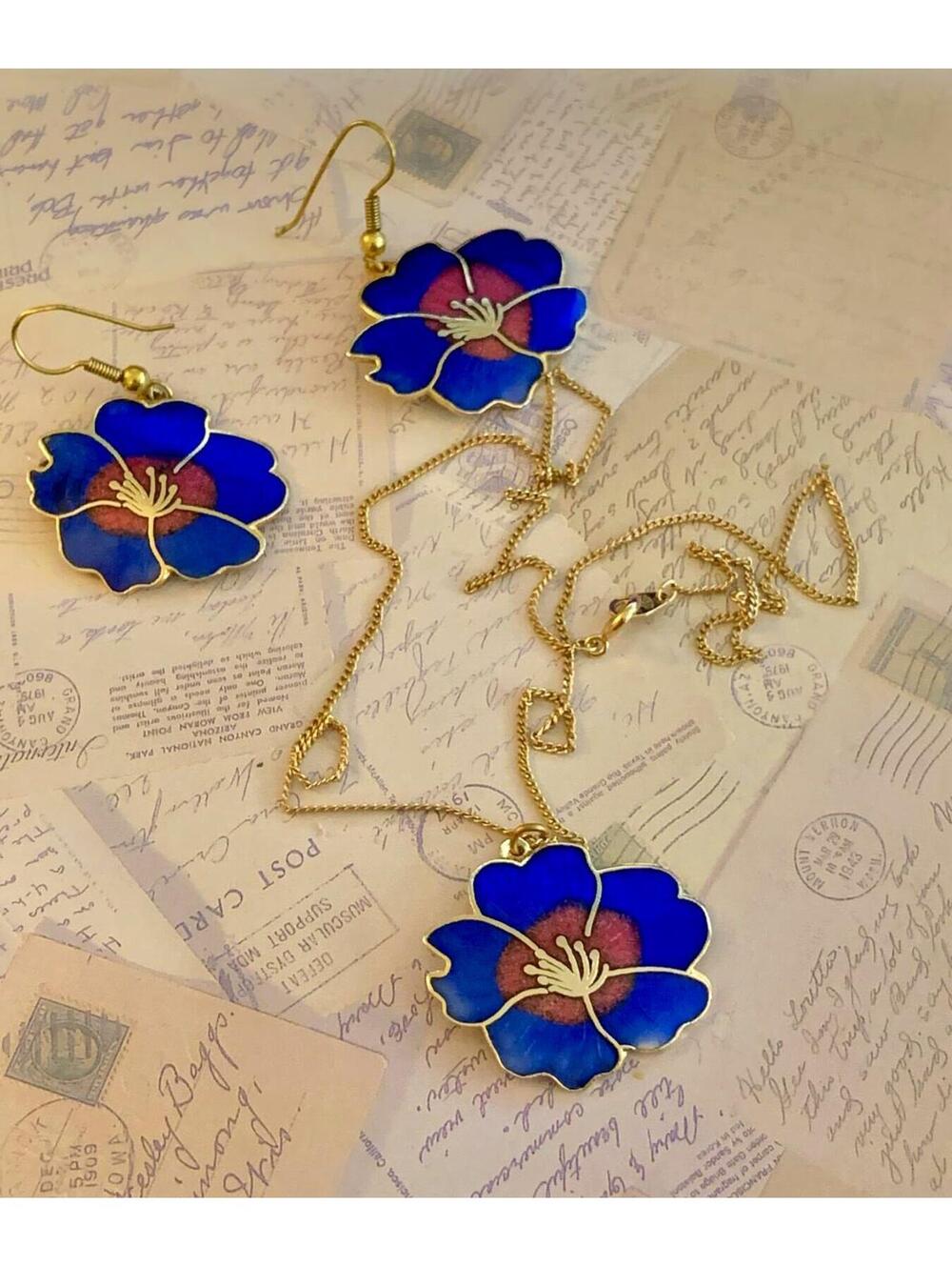 Vintage Blue cloisonné Enamel Flower Necklace Earring Set Boho Warm Metal Floral